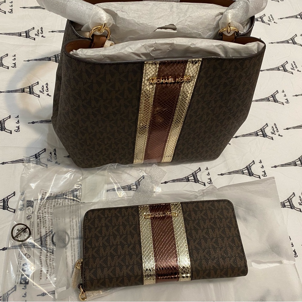 Michael Kors Brown and Gold Shoulder Bag Set